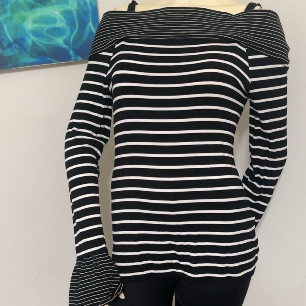 White House Black Market Off-the-Shoulder Black and White Sweater